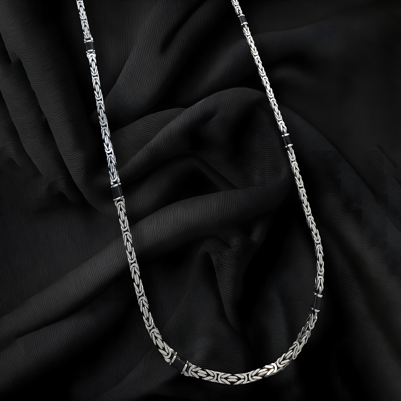 925 Silver Heavy Chain Necklace Men Vintage Punk Style Pendant Necklace with Black Stones