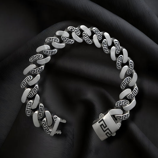 Men's Greek Key Bracelet Silver 925, Wide Curb, Black and Silver