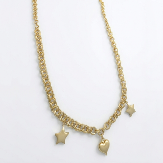 Silver Heart & Star Charm Gold Plated Necklace | Chunky Toggle Link Chain
